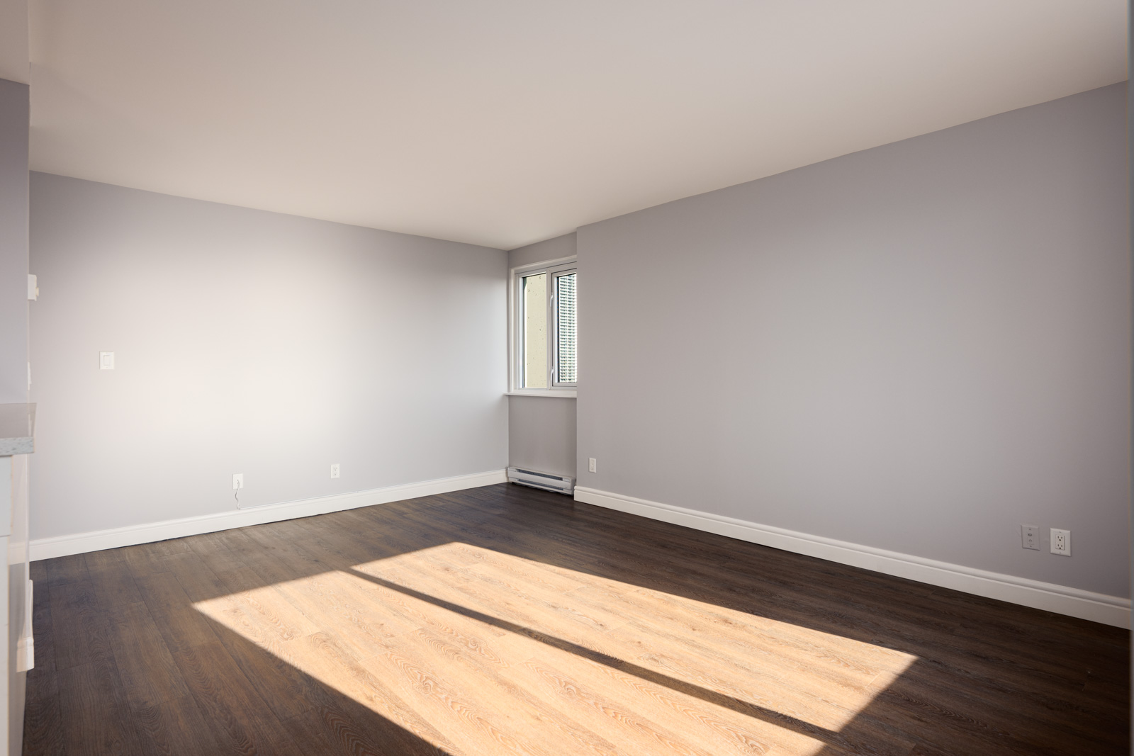 Empty room with light gray walls, dark wood flooring, a window letting in sunlight, and visible electrical outlets along the wall.