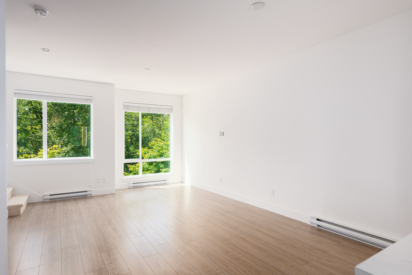 An empty, unfurnished room with white walls, light wood flooring, and large windows letting in natural light with a view of green trees outside.