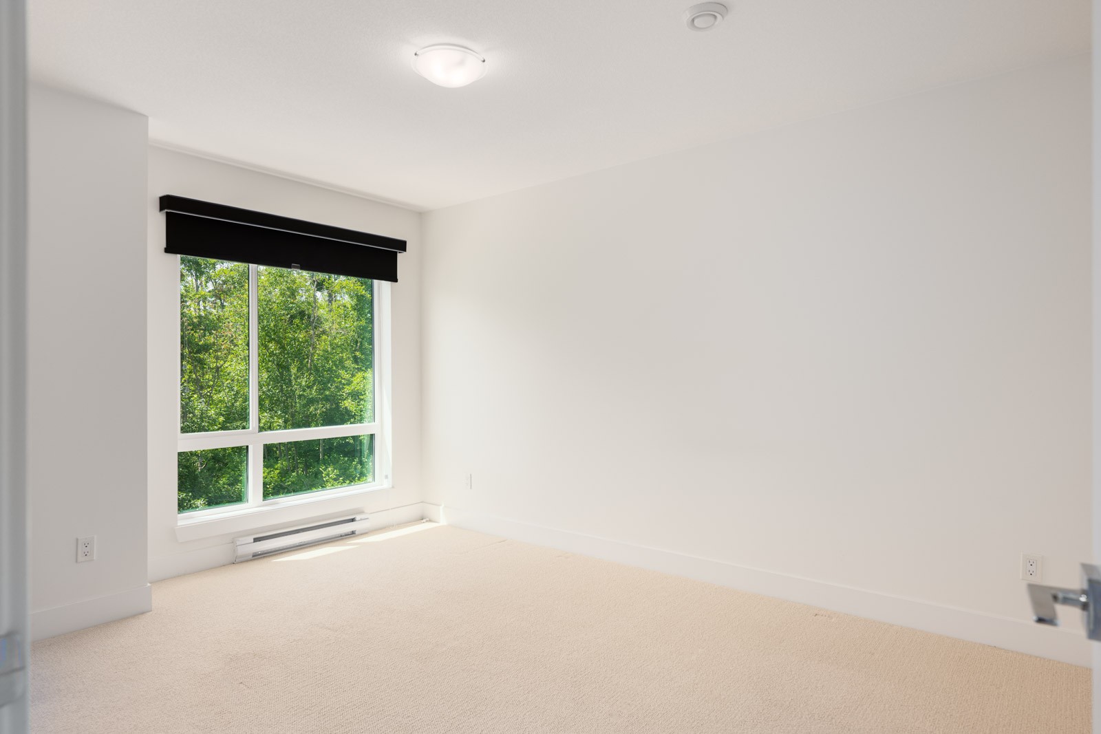 Empty, carpeted room with white walls, a large window with a black valance, and a view of green trees outside. Ceiling light fixture and baseboard heater visible.