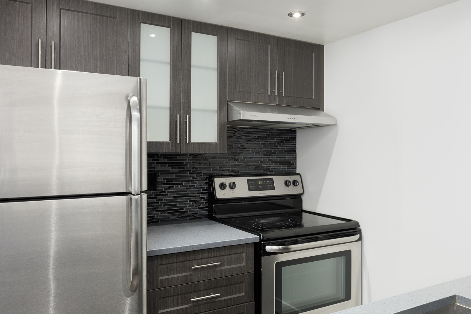 Modern kitchen with stainless steel refrigerator, electric stove, range hood, dark cabinets, and a black tile backsplash.