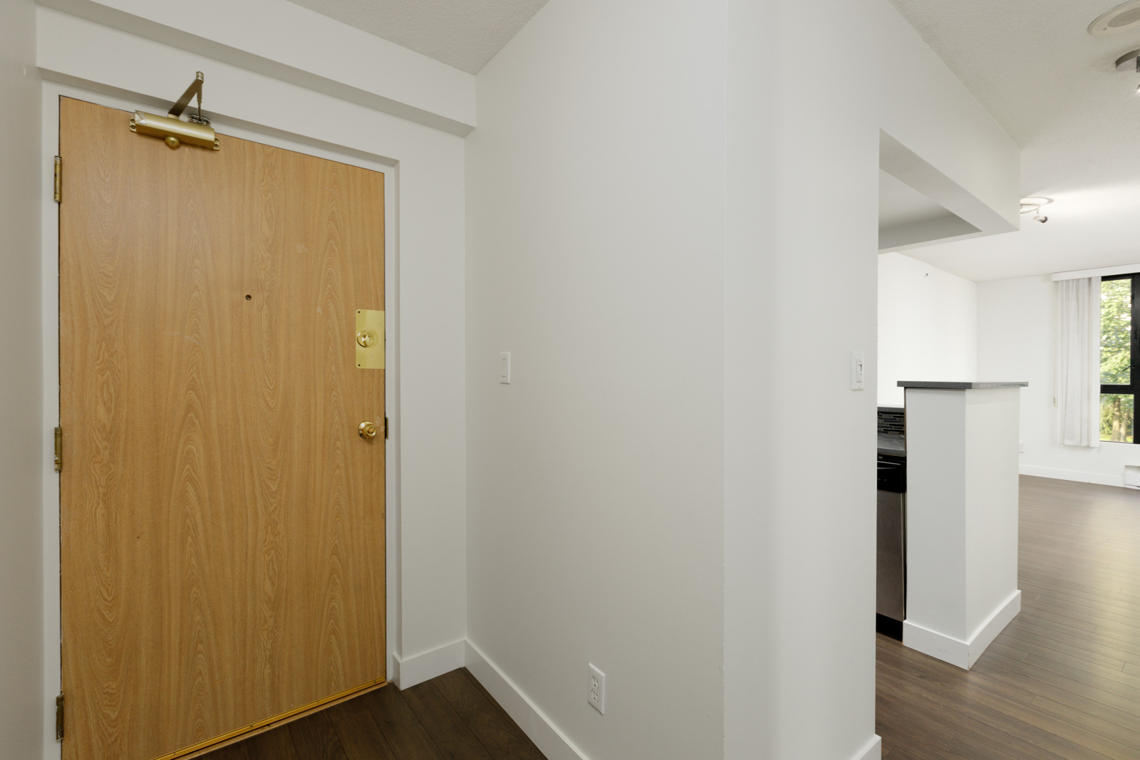 A light brown entry door with a brass lock opens to a hallway with white walls, dark wood flooring, and a partial view of a kitchen and living area.
