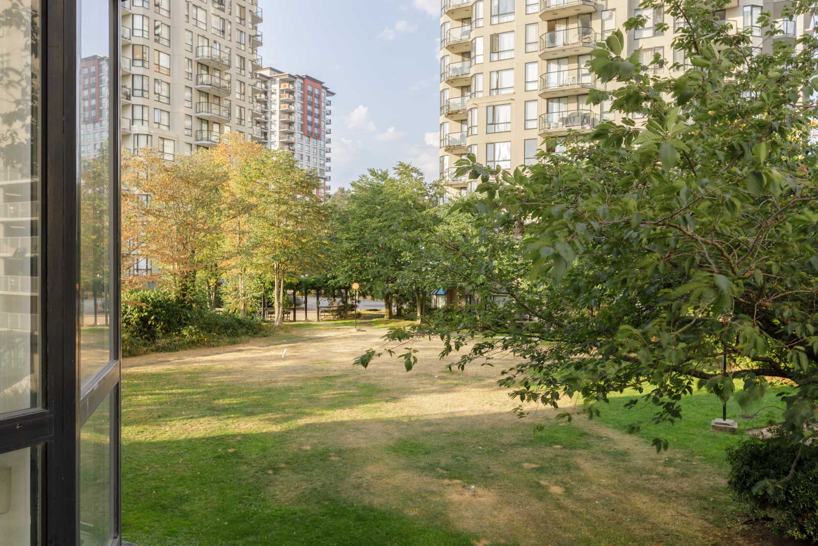 View of an open grassy courtyard with scattered trees, surrounded by tall apartment buildings on a sunny day.
