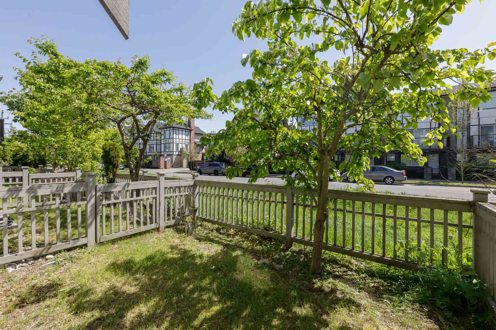 Fenced front yard with green grass, two leafy trees, and a sidewalk with parked cars and houses visible across the street on a sunny day.