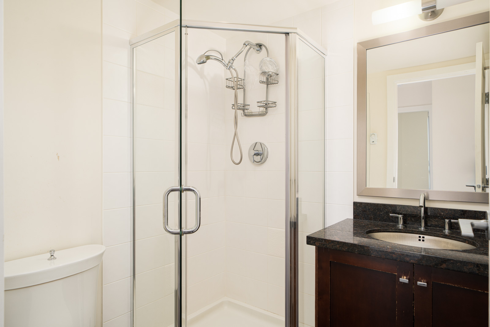 Modern bathroom with a glass-enclosed corner shower, wall-mounted showerhead, toilet, and a dark wood vanity with a granite countertop and large mirror.