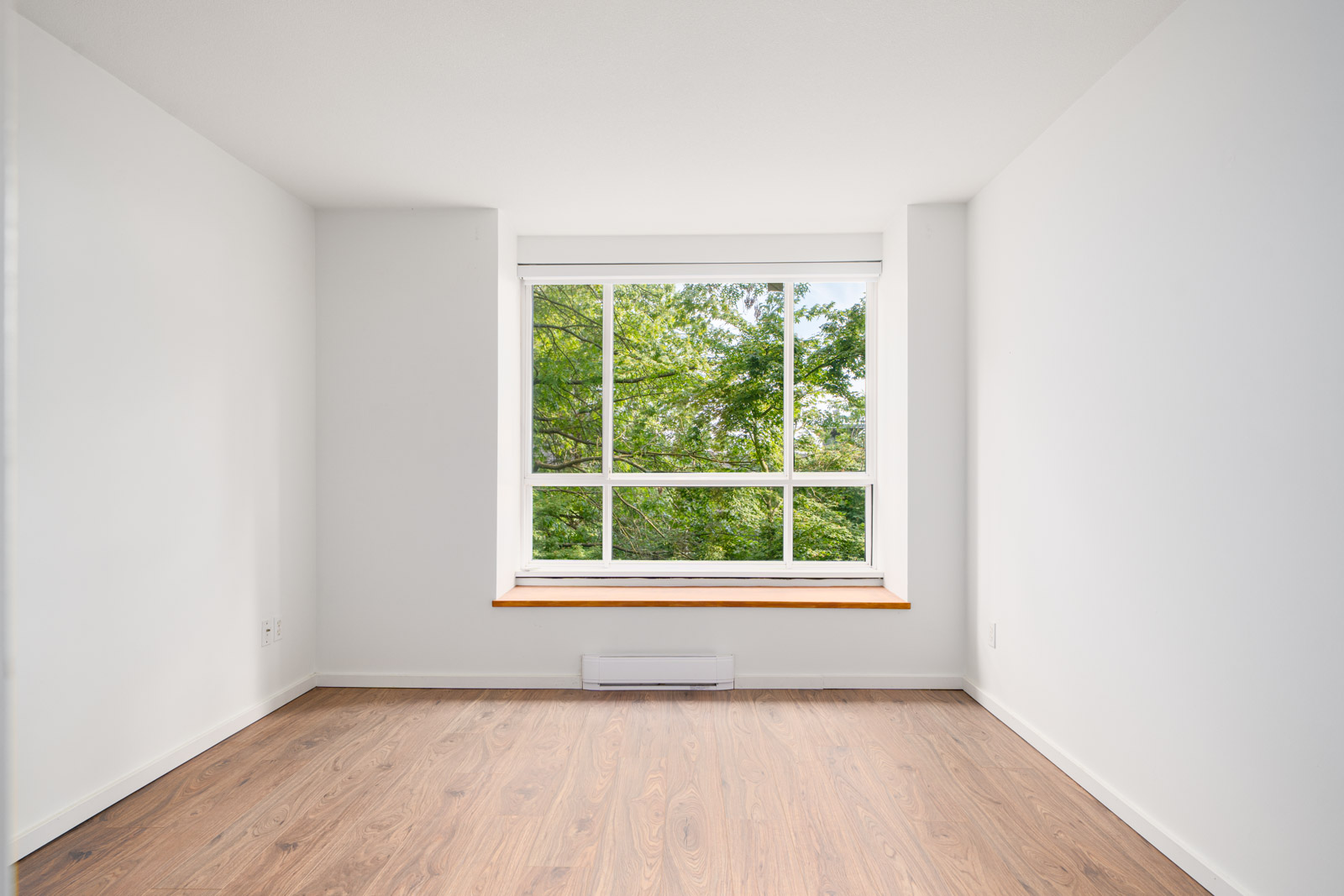 Empty room with white walls, large window overlooking green trees, and light wood flooring.