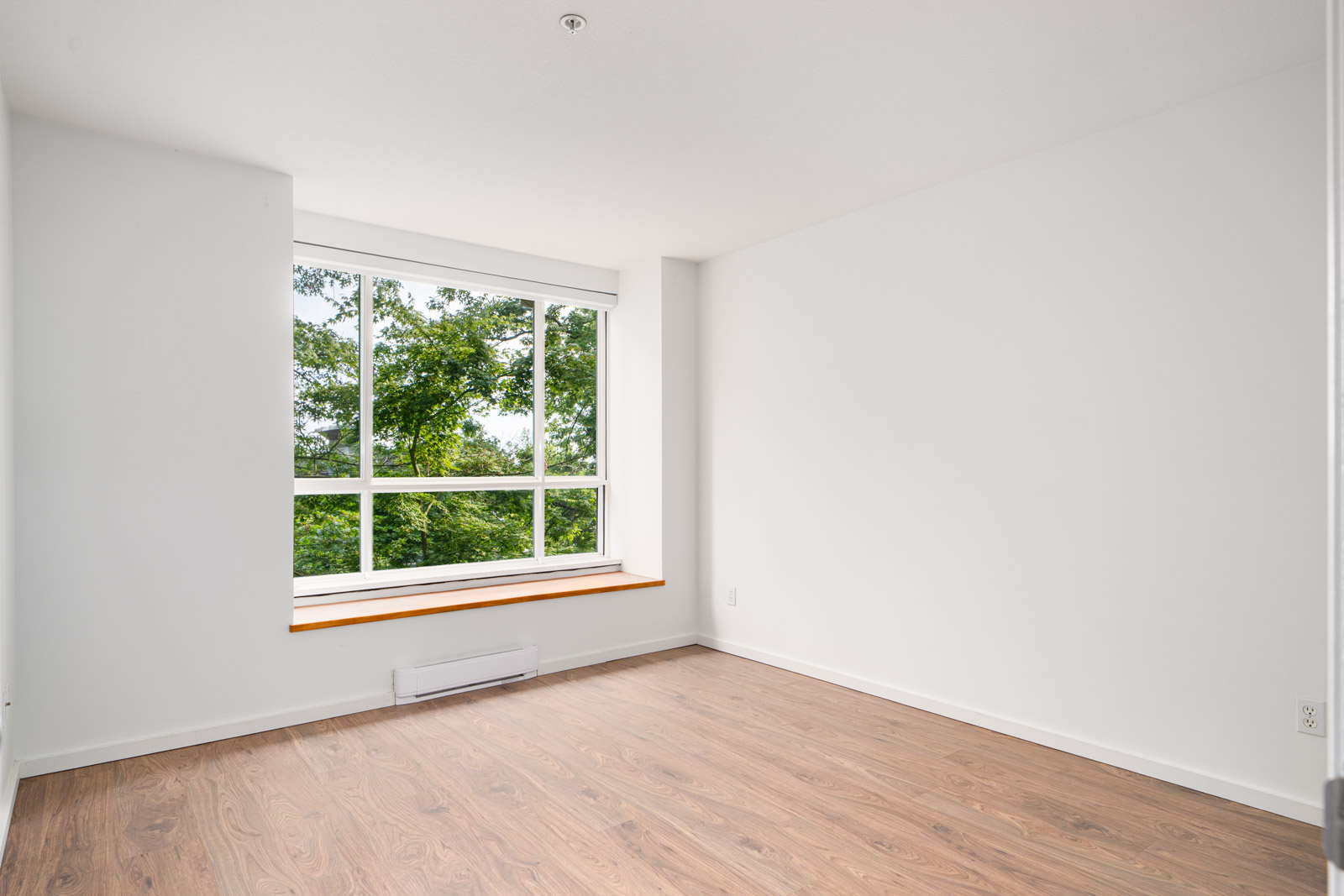 Empty room with white walls, wood flooring, a large window with a wooden ledge, and green trees visible outside.