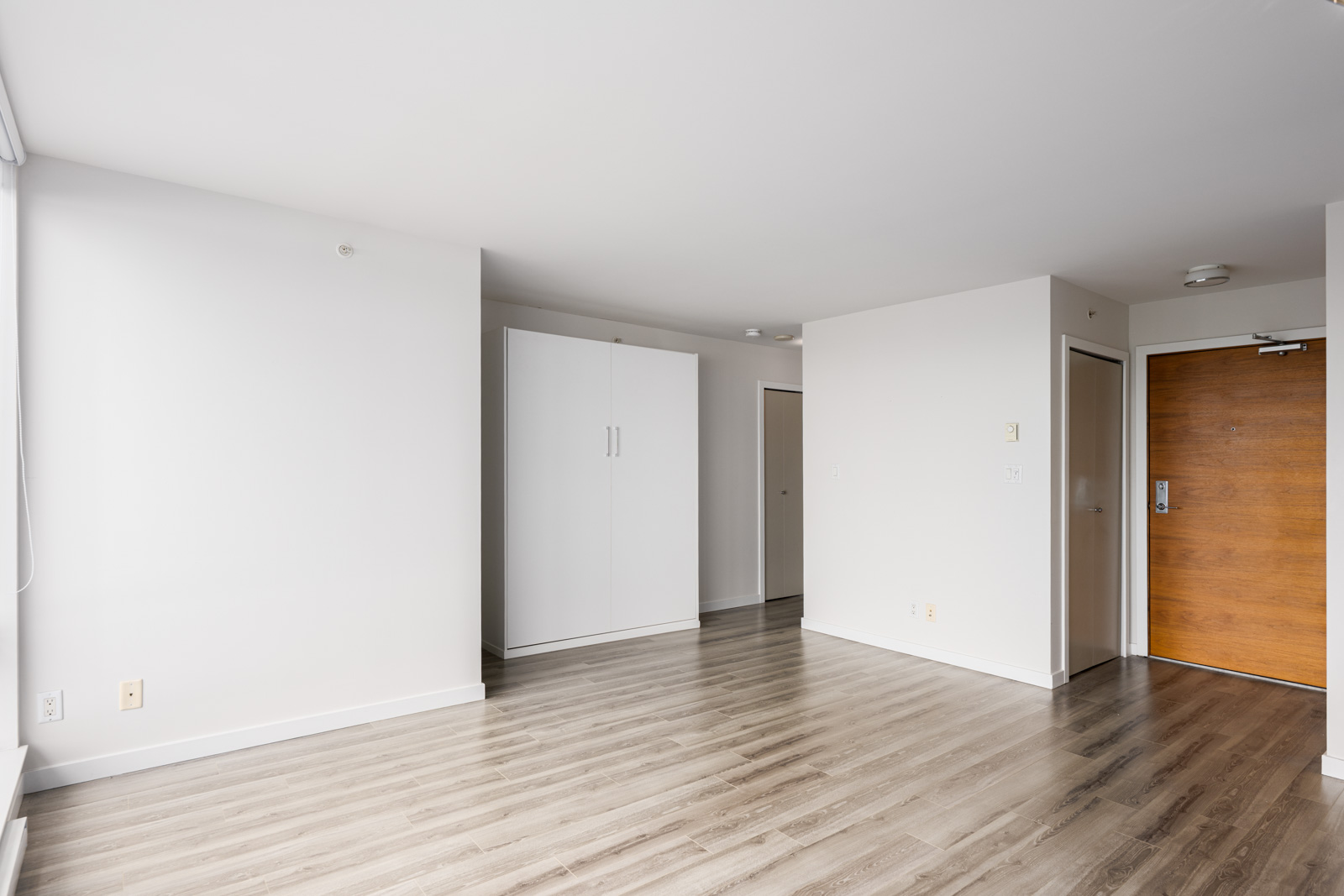 Empty modern apartment room with wood flooring, white walls, a closed wooden front door, and a built-in white closet.