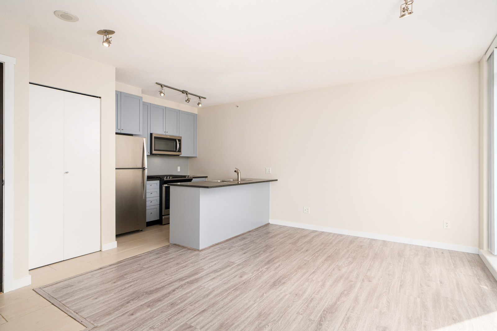 Modern, unfurnished apartment with light wood floors, an open kitchen with grey cabinets, stainless steel appliances, and large windows allowing natural light.