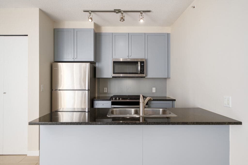Modern kitchen with light gray cabinets, stainless steel refrigerator, microwave, stove, and a double sink in a black countertop island.