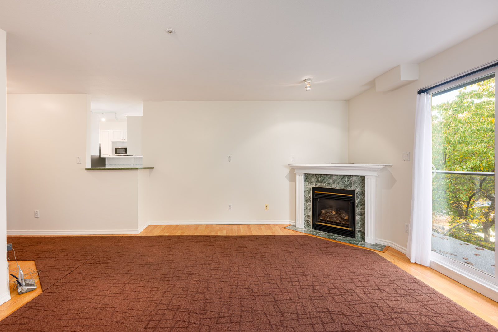 Empty living room with brown carpet, gas fireplace, hardwood flooring, and a sliding glass door leading to a balcony. Kitchen area is visible in the background.