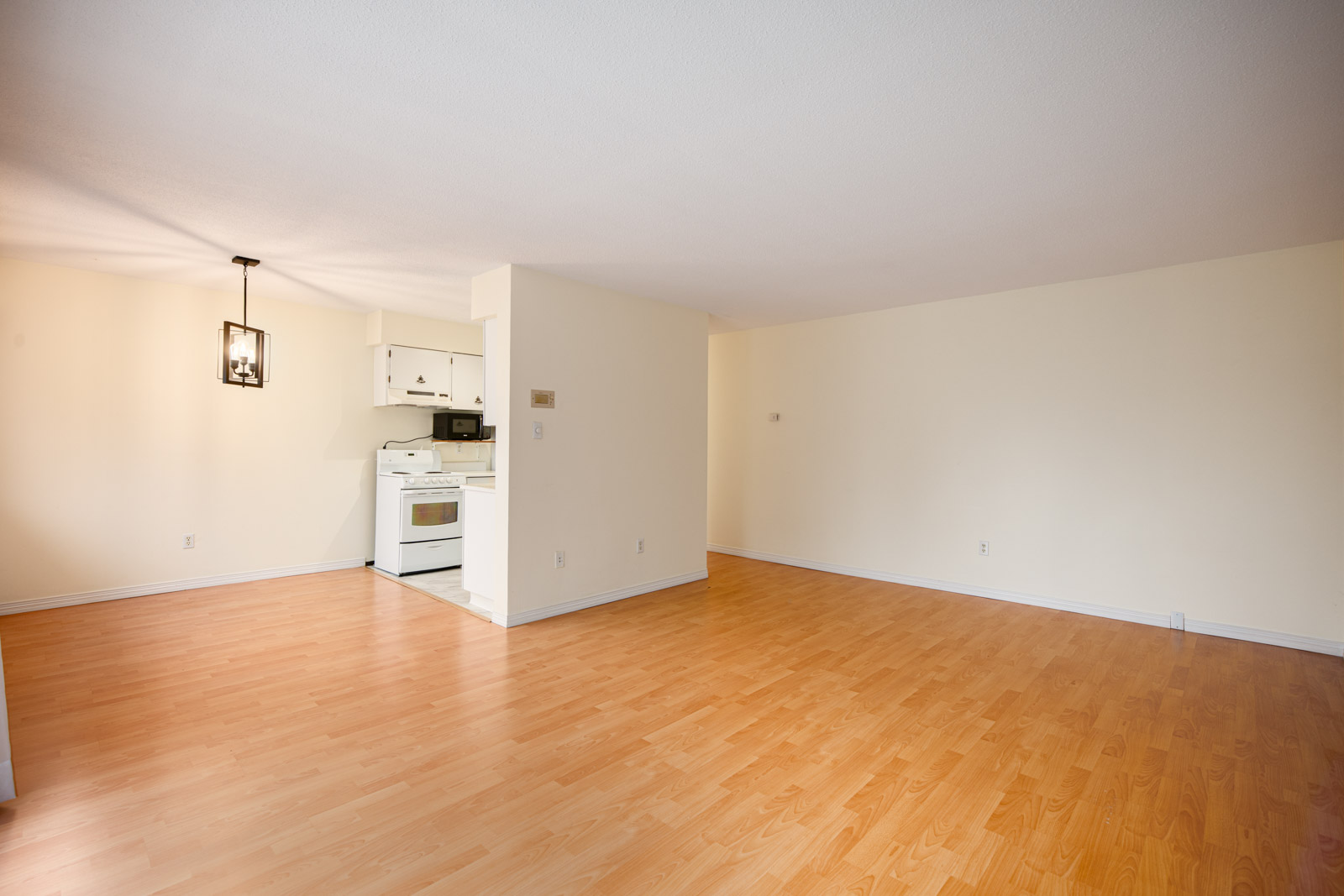 Unfurnished apartment with light wood laminate flooring, off-white walls, and an open layout showing a small kitchen and dining area with a ceiling light fixture.