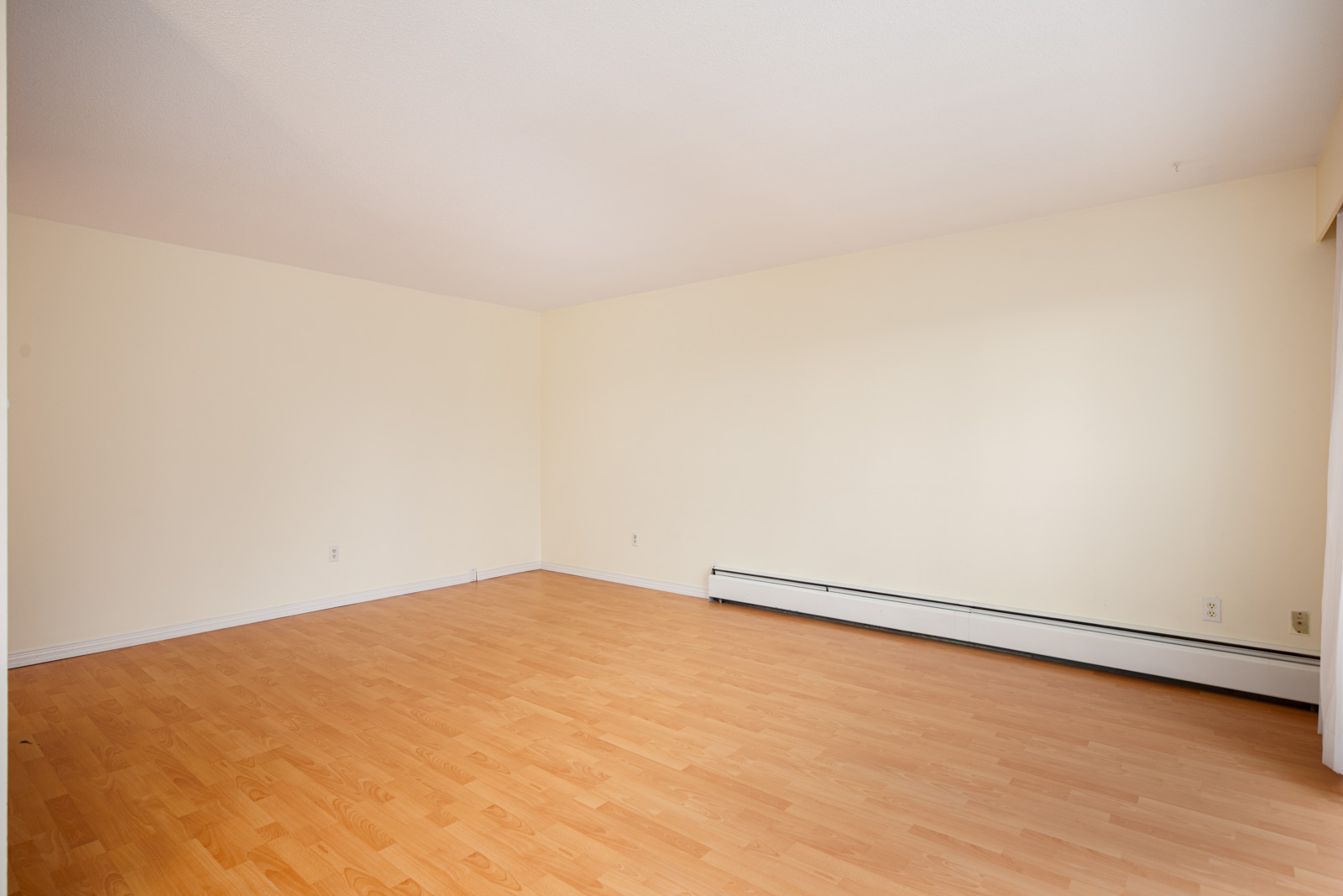 Empty room with light-colored walls, light wood laminate flooring, baseboard heater, and electrical outlets along the walls.
