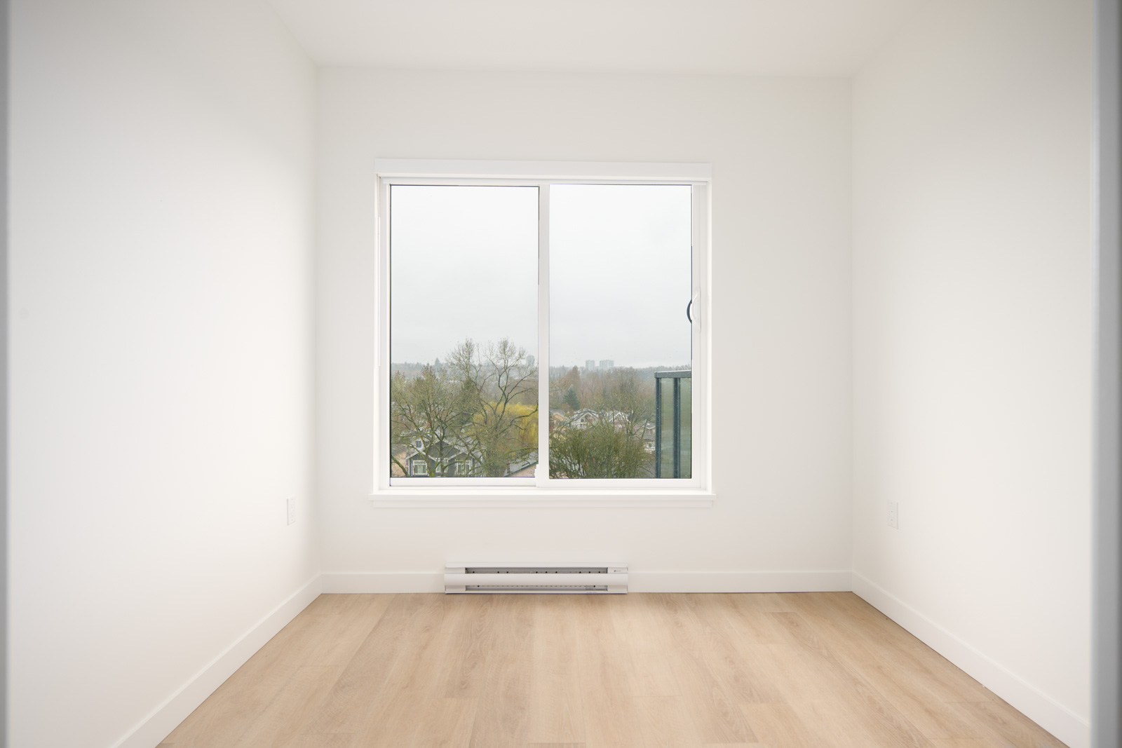 Empty, unfurnished room with white walls, light wood flooring, a large window overlooking trees, and a baseboard heater beneath the window.