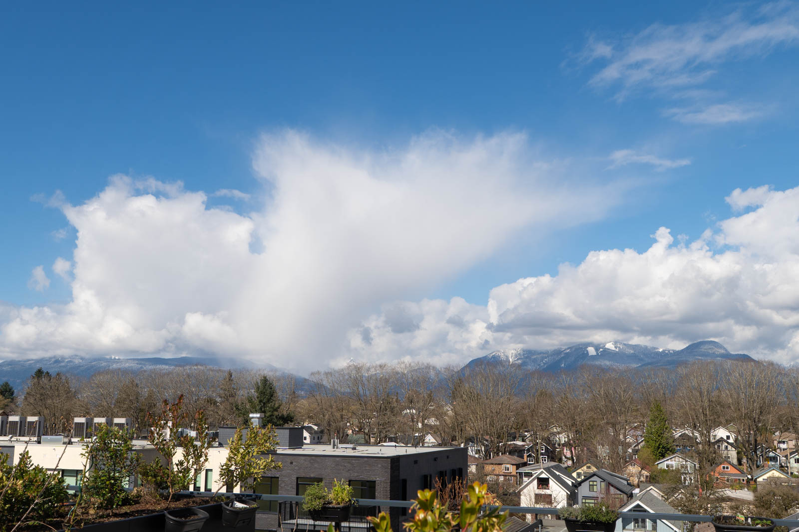 A cloud bursts into a rain shower over a residential neighborhood with mountains in the background under a mostly sunny sky.
